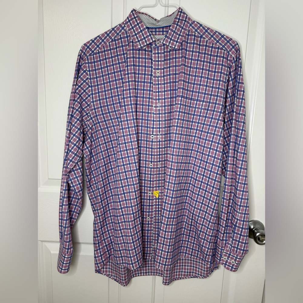 Johnston & Murphy plum/blue woven plaid dress shirt Size Large